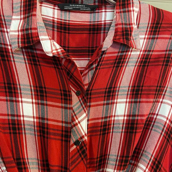 ZARA Women's Size XL Red Black White Plaid Twist Front Button Down Midi Dress - Picture 9 of 12